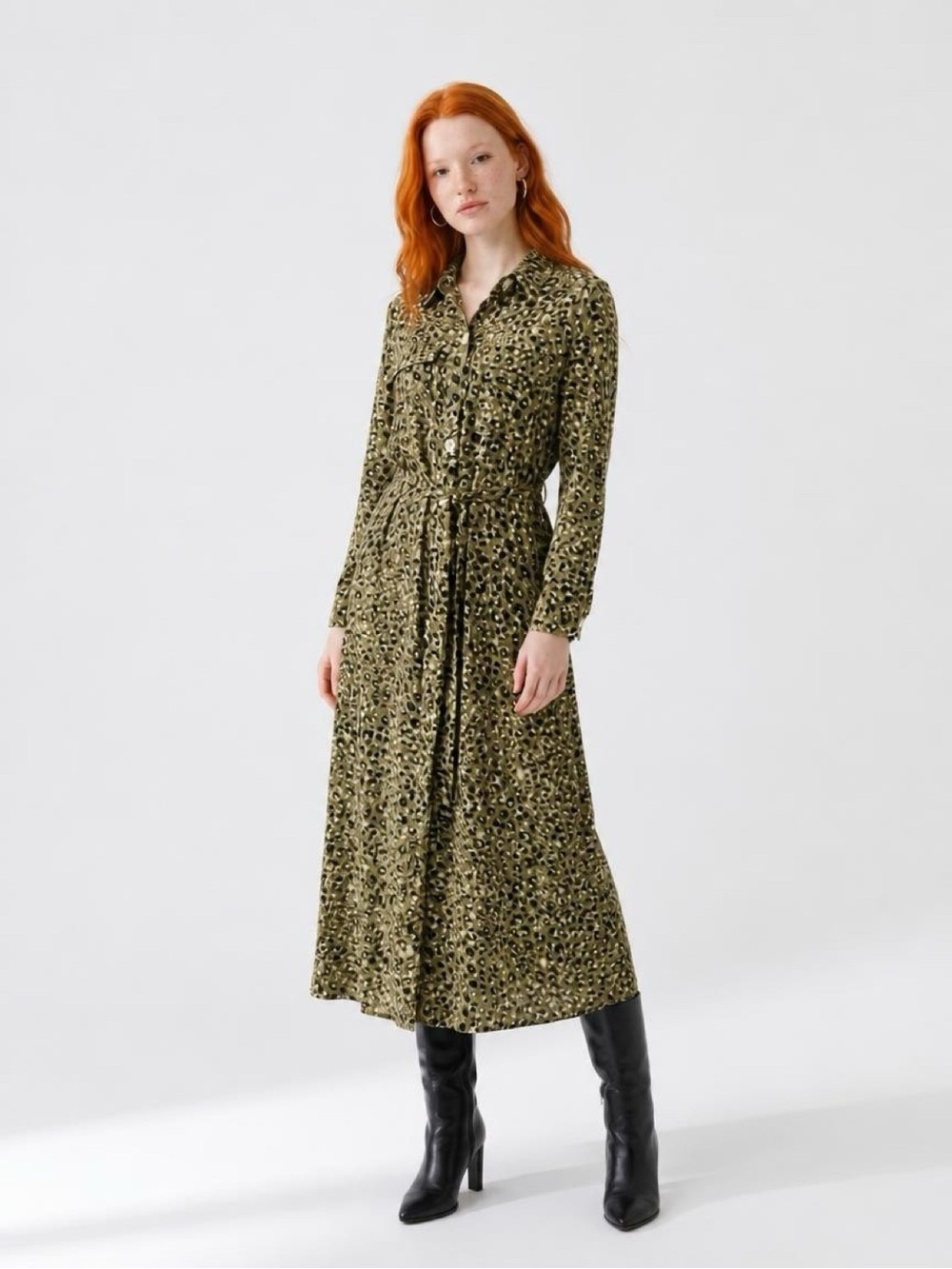 Donna Morgan Olive Size 8 Animal-Print Button-Front Maxi Dress